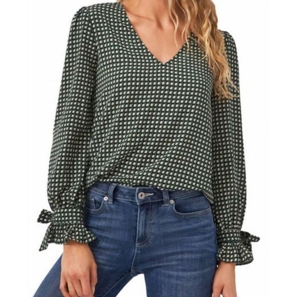 ​CeCe Green Geometric V-Neck Blouse with Bow Cuffs - Small